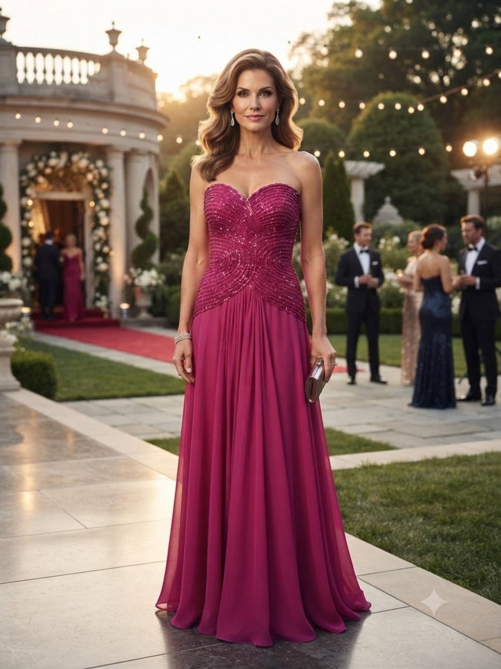 Rene Ruiz Strapless Beaded Fuchsia Evening Gown